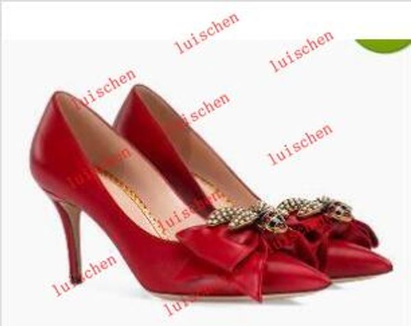 

ladies party ladies high heel shoes pointed toe bowtie metal bee luxury shoes genuine leather fashion pumps new spring footwear shoes, Black