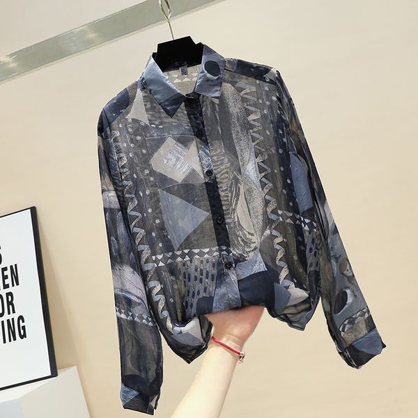 

chiffon blouse woman 2020 new spring retro oil painting printed chiffon shirt lady's long-sleeve shirts blusas mujer, White