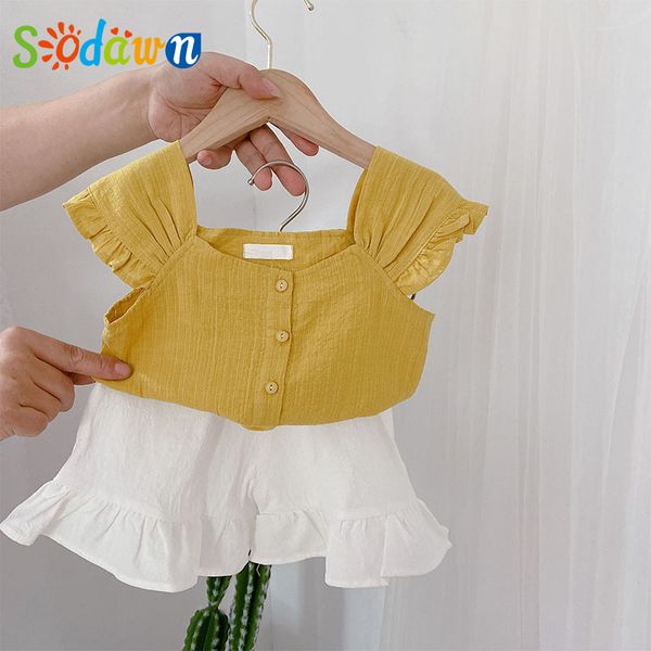 

sodawn girls clothes set korean summer style new button sling vest + shorts 2pcs baby children kids clothes outfits, White
