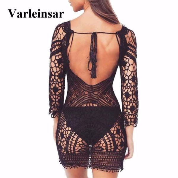 

2020 black lace crochet knitted backless tunic beach cover up cover-ups beach dress wear beachwear female women v367b