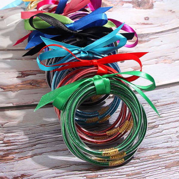 

just feel 5 pcs/set bowknot gold silver glitter bangles set 2019 all weather stack silicone plastic glitter jelly bangles gifts, Black