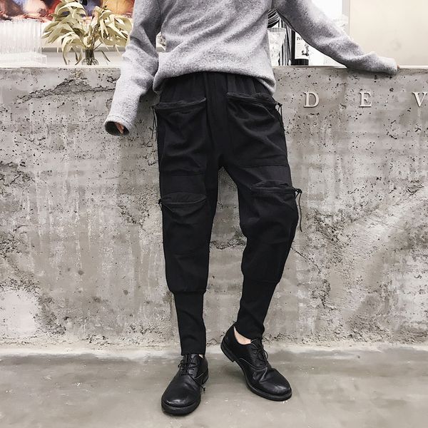 

падение ниши темного мульти-карман дизайн ультра горячая случайных брюки тенденции мужчины лодыжка гарем девять точки брюки, Black