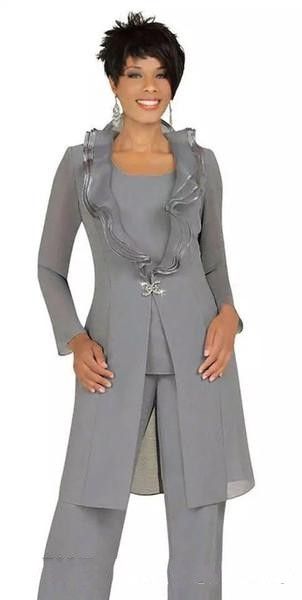 2019 Tailleur pantalone per la madre della sposa in chiffon grigio con giacca lunga Abiti da sera per abiti da donna economici su misura