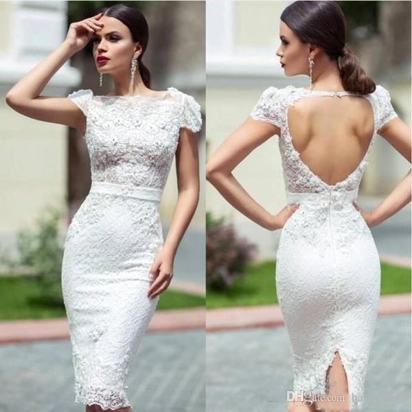 Nuovo arrivo Guaina Abito da sposa in pizzo Bateau Neck Lunghezza al ginocchio Cap maniche Hollow Back Abiti da sposa corti Abiti da sposa Custom Made