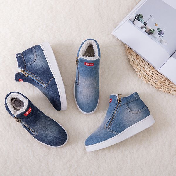 

new women shoes winter denim ankle boots classic zipper snow boots warm plush thickening flat boots for zapatos de mujer 785, Black
