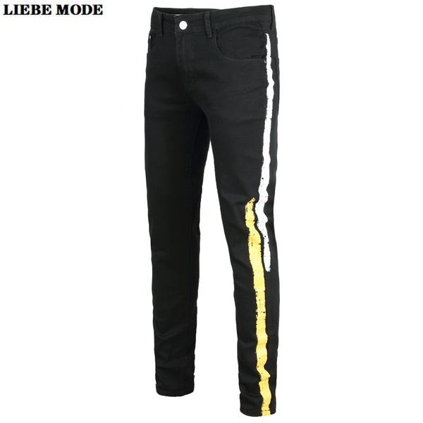 

мужская side полосатых классические черные джинсы брюки для мужчин slim fit pontalon jean homme, Blue