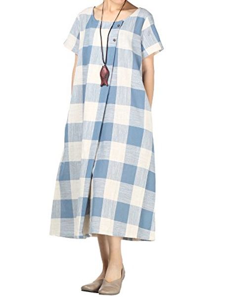 

mordenmiss women's classic plaid linen summer shirt dress with pockets, Black;gray