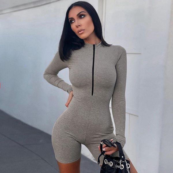 

2020 fashion knitted jumpsuit front zipprt long sleeve fitness skinny short rompers womens jumpsuit gray black color, Black;white