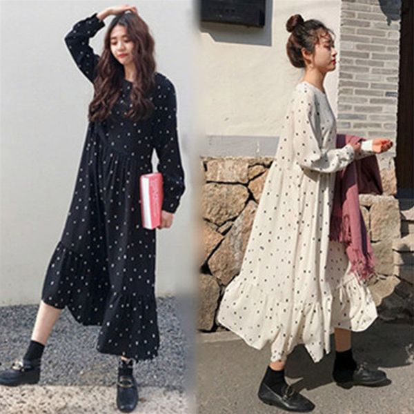 

plus size 2019 spring summer european style brand cothing loose long sleeve women dresses print dot linen vestidos o-neck robe, Black;gray