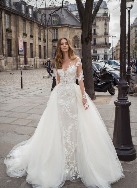 

2020 mermaid wedding dresses with detachable train illusion sheer neck long sleeves bridal gowns lace appliqued backless wedding dresses, White
