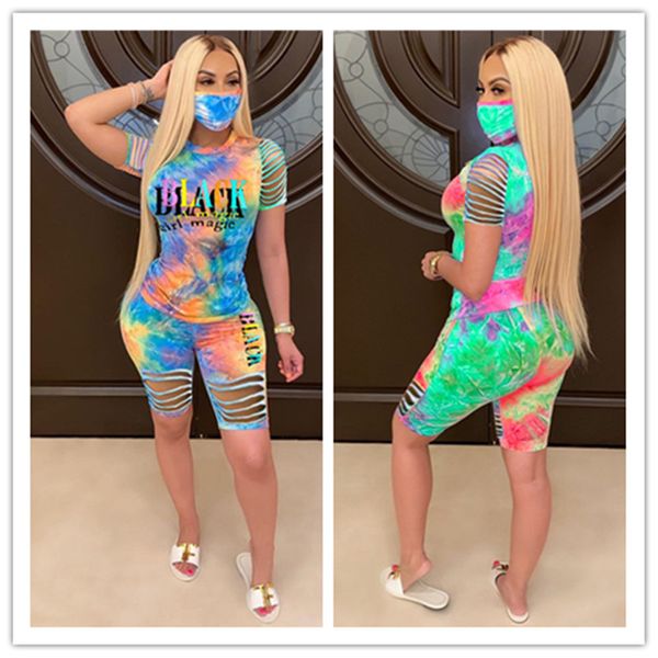 

черная девочка магия printed женщины tracksuit tie-краситель сломанный отверстие продажа с коротким рукавом рубашки pullove top шорты компле, White