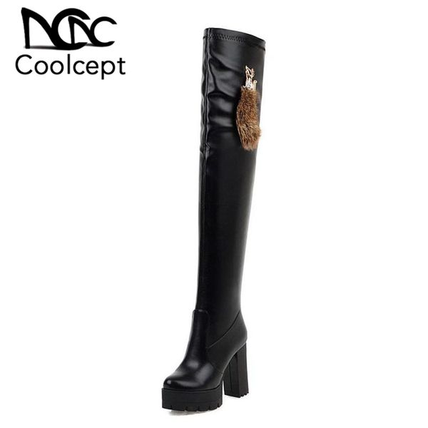 

coolcept pu leather platform plus size 33-48 lady black long boots club pompon comfortable winter warm fur over knee boots