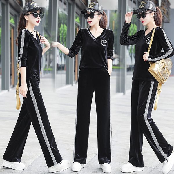 

100kg can wear women sportswear tracksuit velvet loose sweatshirt+pant running jogging fitness casual athletic set sport suit, Black;blue