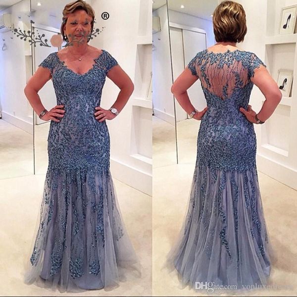 

new lace beaded appliques mother of the bridal dresses v-neck illusion back short sleeves column elegant mother of the bridal dresses