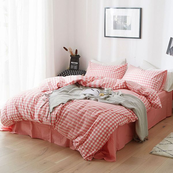 

non-printed cotton washed cotton four-piece set good japanese small plaid cotton quilt cover bed sheet washed 4-piece set duvet cover