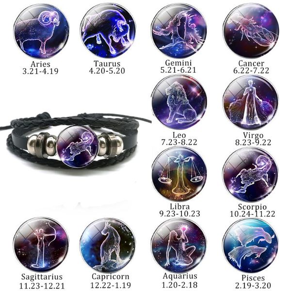 

12 constellation black leather bracelet zodiac glass convex jewelry punk jewelry adjustable leather bracelet birthday gift, Golden;silver