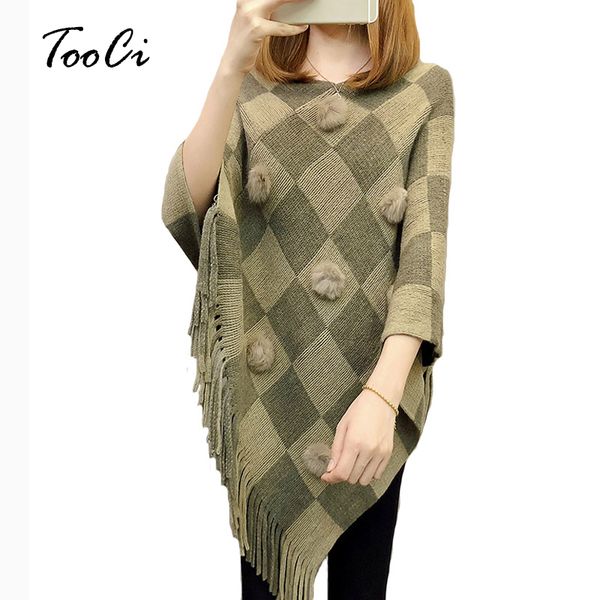 

women khaki scarf shawl poncho knitted pullover women poncho batwing square tassel sweater sleeve and capes, White;black