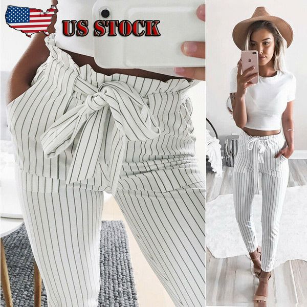 

women's casual loose high waist long pencil pants with bow tie belt trousers, Black;white