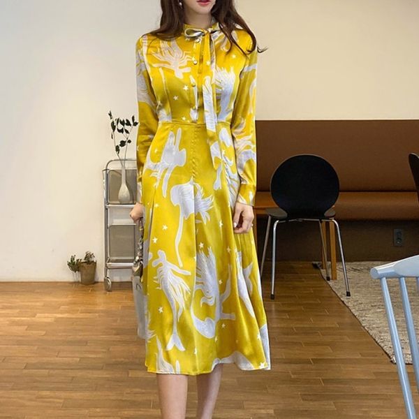 

cross border women's dress 2020 new style celebrity temperament bow tie tie up waist print dress, Red;yellow