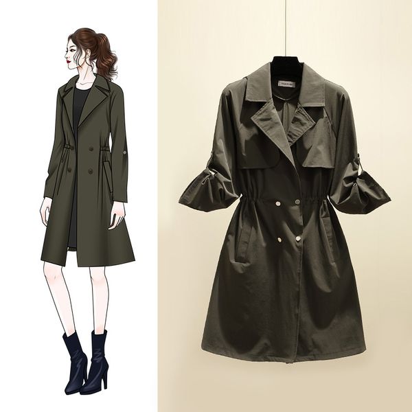 

autumn plus size loose thin dust coat 2019 green pocket pleated zipper slim women autumn trench coat, Tan;black