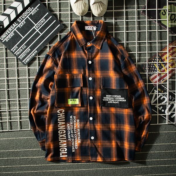 

europe and america street spring korean version shirt plaid shirt male tide brand retro hip hop multi-pocket loose 50cs, White;black