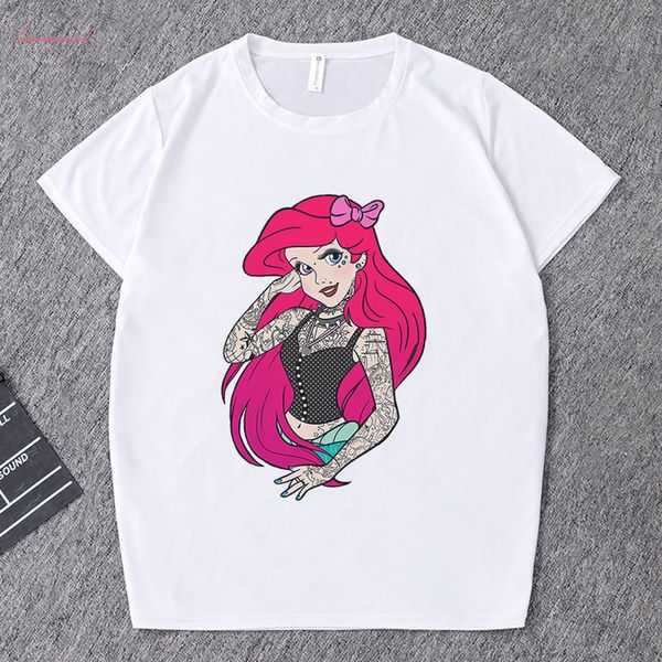 

лето спандекс топы для женщин 2019 harajuku thin раздел мода футболка смешные татуировки принцессы streetwear отдыха printed tshirt, White