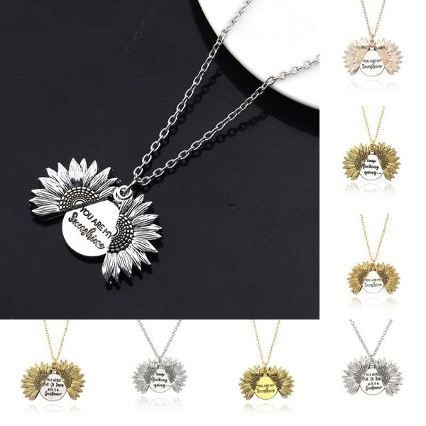 Doppelseitige Buchstaben-Halsketten, hochwertig, individuelle Halskette „You are my sunshine“, offenes Medaillon, Sonnenblumen-Anhänger-Halskette für Damenschmuck