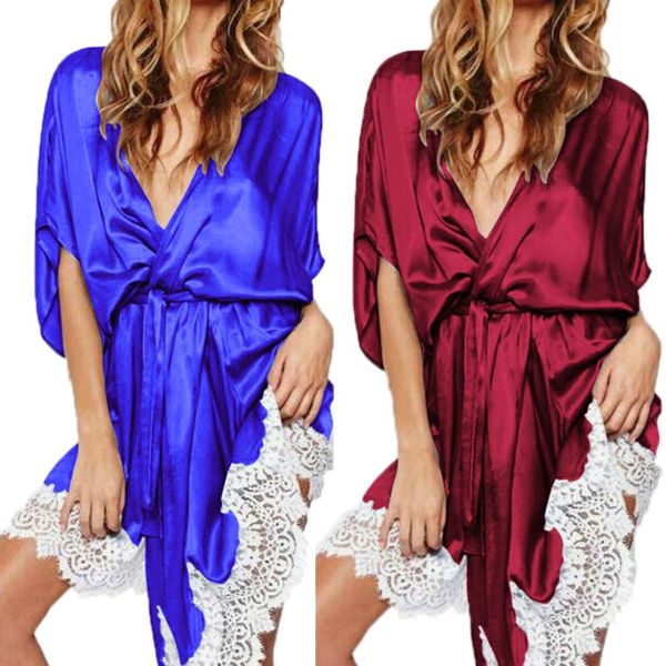 

womens deep v-neck bride bath robe kimono faux silk wide eyelash lace trim half sleeve nightgown open front with sashes belt, Black;red