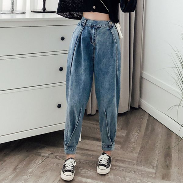 

tvvovvin solid color high waist fold straight woman cowboy nine points overalls casual wild fashion 2019 autumn winter new f423, Blue