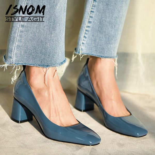 

isnom genuine leather pumps women square toe footwear shallow office shoes female fashion chunky heels 2 inch woman spring 2020 t200525, Black