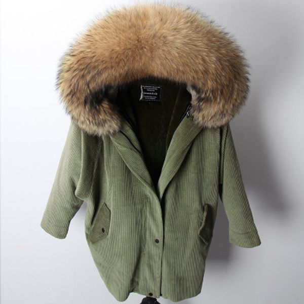 2019 pele de guaxinim marrom mulheres com capuz casacos quentes marca maomaokong verde escuro forro de pele de coelho longo Corduroy parkas