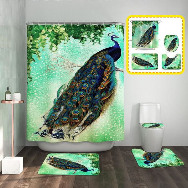 

peacock shower curtain ground mat four piece set bathroom mat suit bathroom creative shower curtain curtain, luxurious atmosphere