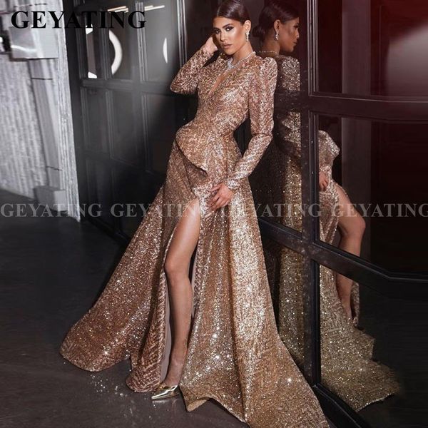 

glitter rose gold mermaid dubai evening dress with split detachable skirt long sleeves v-neck arabic prom dresses formal gowns, White;black