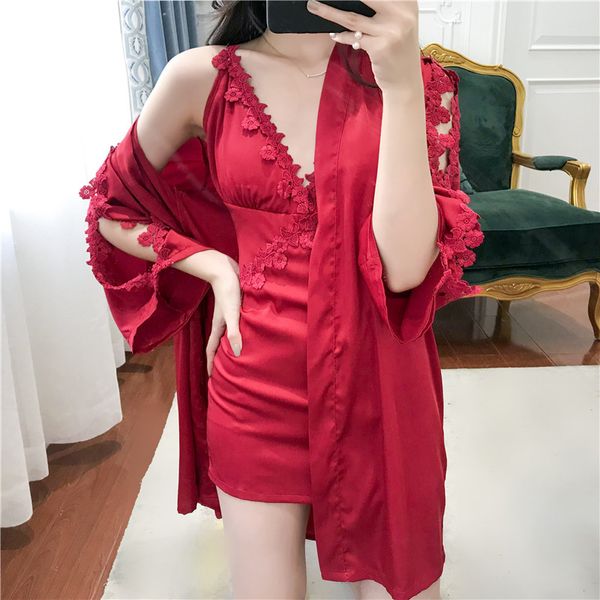 

women burgundy twinset robe set lace nighty&robe set stain 2pcs sleepwear solid female bath robe gown home clothes, Black;red