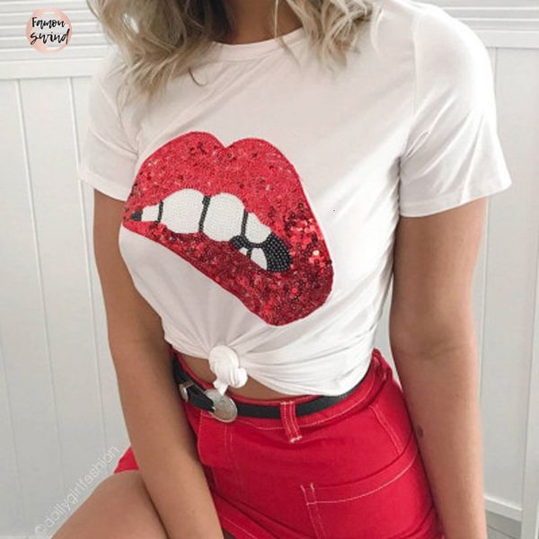 

2019 summer women t shirt short sexy тонкий взрывные кусая губы шаблон рубашки удобный шеи pure white tops плюс размер