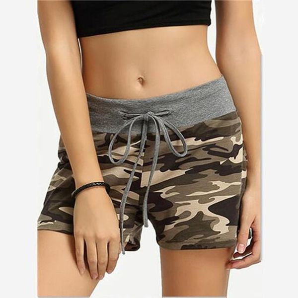 

women gym printing shorts green camouflage print cotton patchwork elastic wait drawstring summer lady wild casual sport active short pant