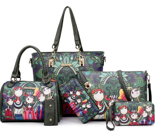 

new women's solid color fashion retro oily leather mother six bag -piece european and american style handbag shoulder bag