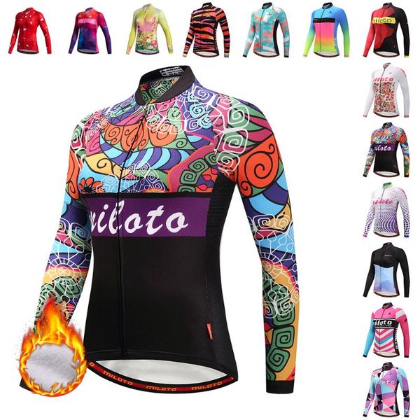 

miloto women thermal fleece long sleeve cycling jersey winter warm mtb jersey bike bicycle clothing, Black;red