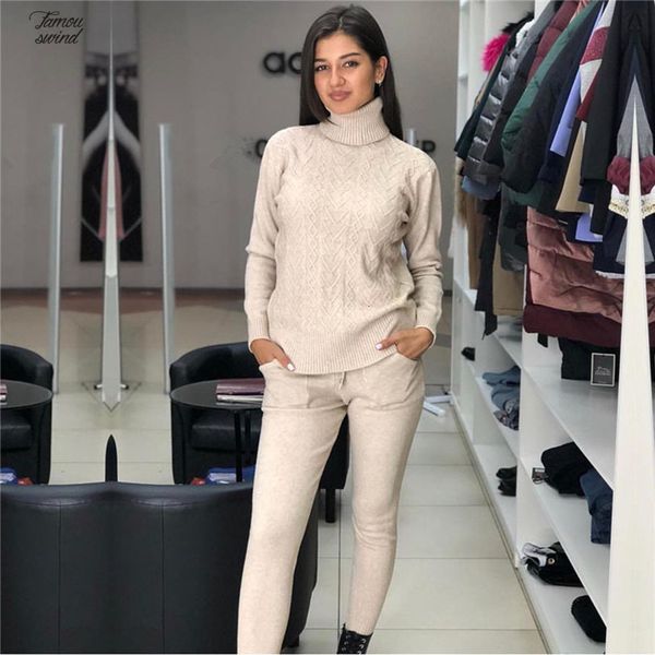 

свитер женщина подходит twisted трикотажные наборы водолазка вытащите femme pant two и штучных эпикировка женщины перевозка груза падения, White