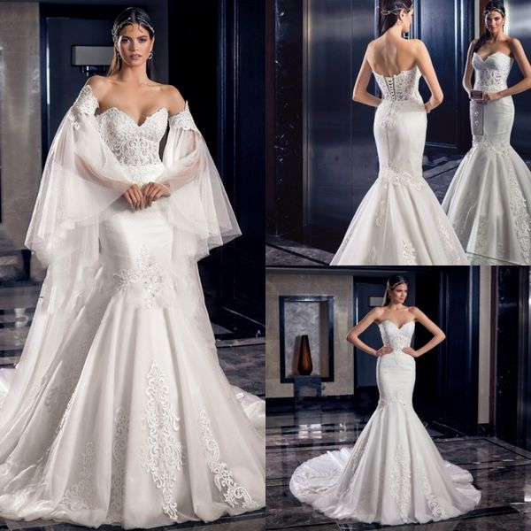 

alisse nuera sweetheart mermaid wedding dresses lace appliqued bohemian 2019 wedding dresses with detachable sleeve sweep train bridal gowns, White
