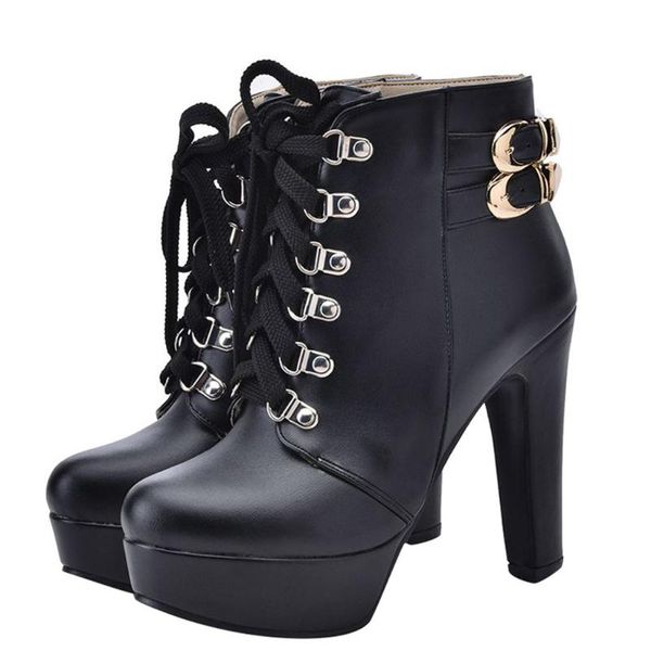 

women's fashion square heel shoes waterproof platform high heel booties, Black