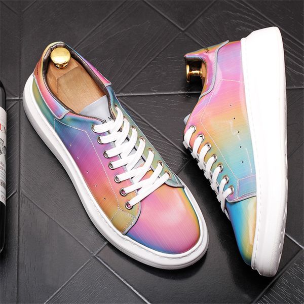 

holographic sneakers men shoes patent leather shoes fashion casual sneaker male 7#20/20e50, Black