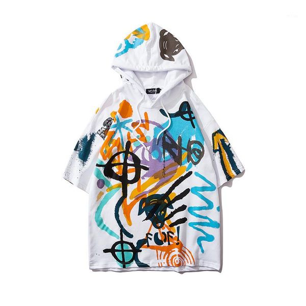 

mens designer graffiti letter print hooded tees fashion natural color loose tees casual pullover short sleeve hoodies mens clothing, Black