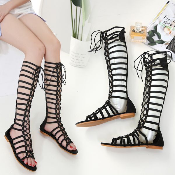 

emma king roman sandals ladies flat cutout strap high boots sandals knee high sandalias roman strap flat, Black