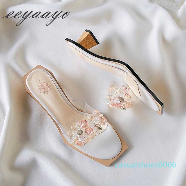 

2019 new summer women slippers middle square heel crystal fashion mules women shoes white outside slides c06, Black