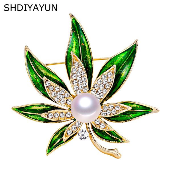 

shdiyayun 2019 new leaf brooch natural freshwater pearl brooch simple enamel pins for women wedding jewelry women's accessories, Slivery;golden