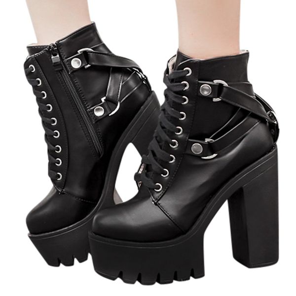

youyedian fashion lady lace up sock boots women mid calf soft leather platform boots party ankle boot high heels boots#g35, Black