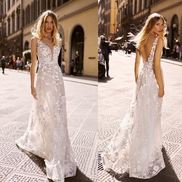 

2020 boho wedding dresses a line deep v neck sweep train lace appliqued bohemia wedding dress custom made simple robes de mariÃ©e, White