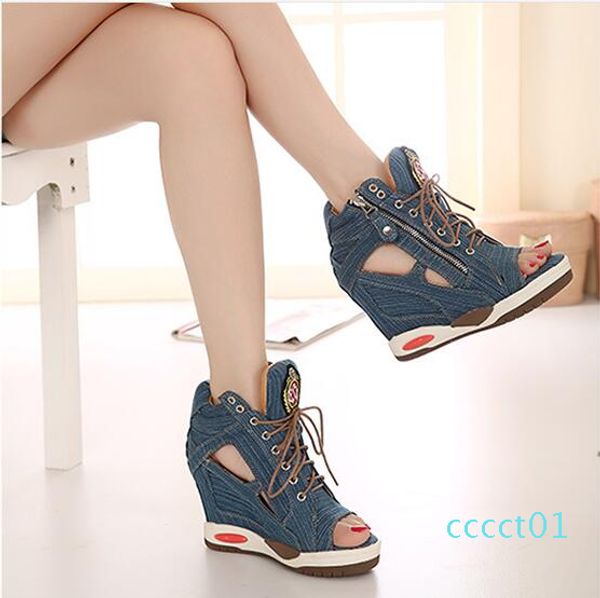 

2019 new style fashion women denim heighten shoes girls lace up sandals ct1, Black