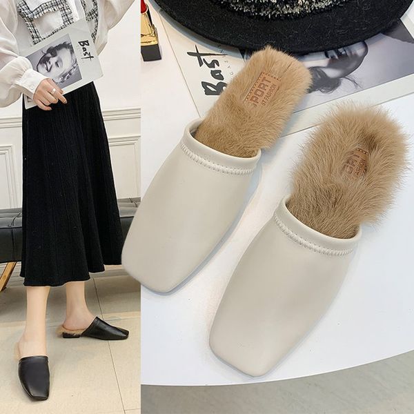 

mules slides women winter long fur square toe slippers flats shoes lazy slip-on outside sandals casual leather plush flip flops, Black